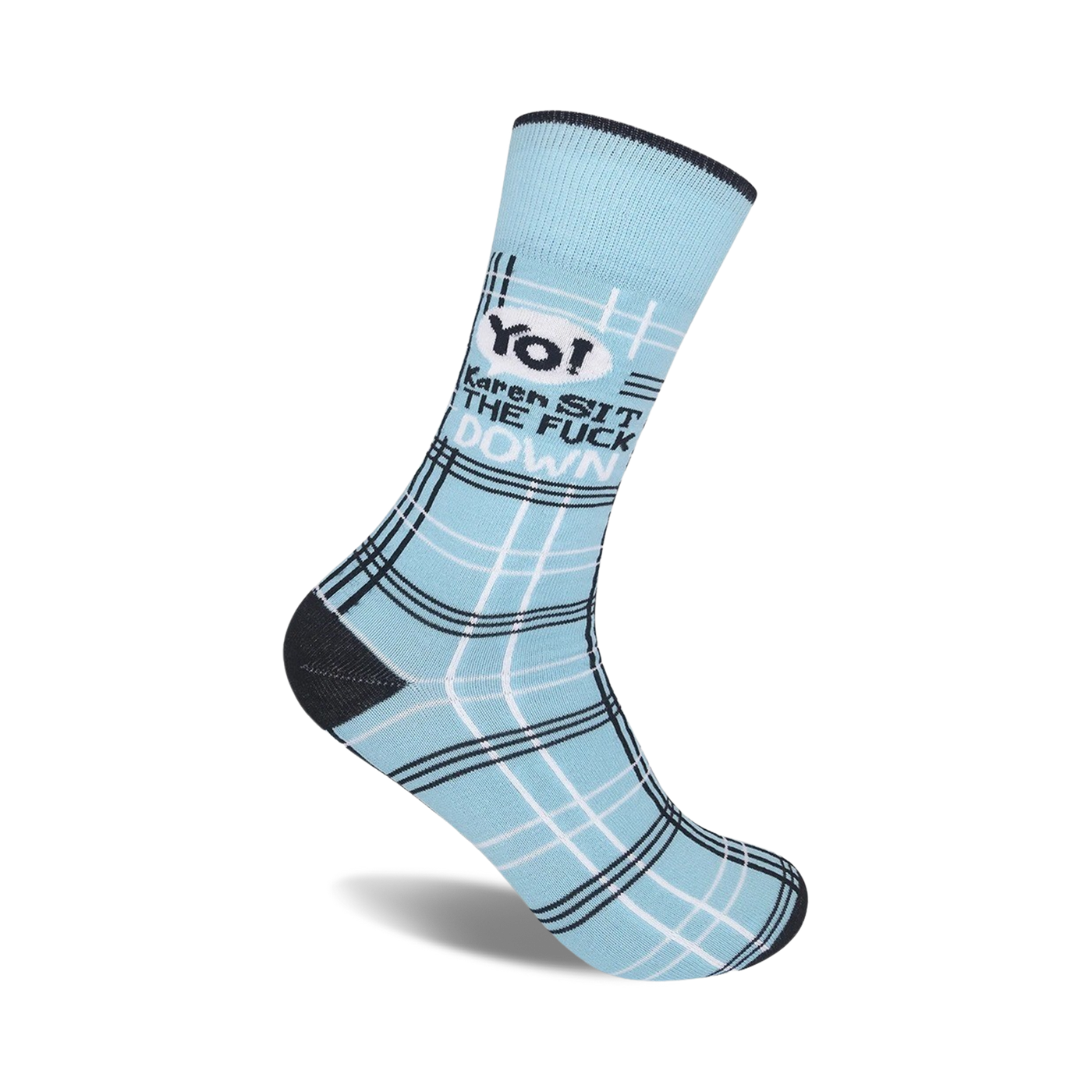 Crew socks in light blue with a black and white plaid pattern.  Text on the sock reads 'Yo! Karen Sit The Fuck Down'.