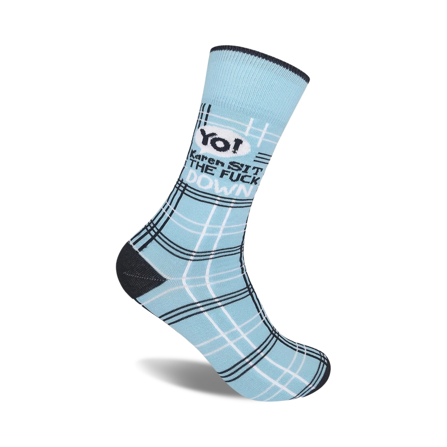 Crew socks in light blue with a black and white plaid pattern.  Text on the sock reads 'Yo! Karen Sit The Fuck Down'.