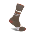 Brown crew socks with rust accents and a white argyle pattern.  Features a white bone graphic and the text 'I want to, but my dog said no'.