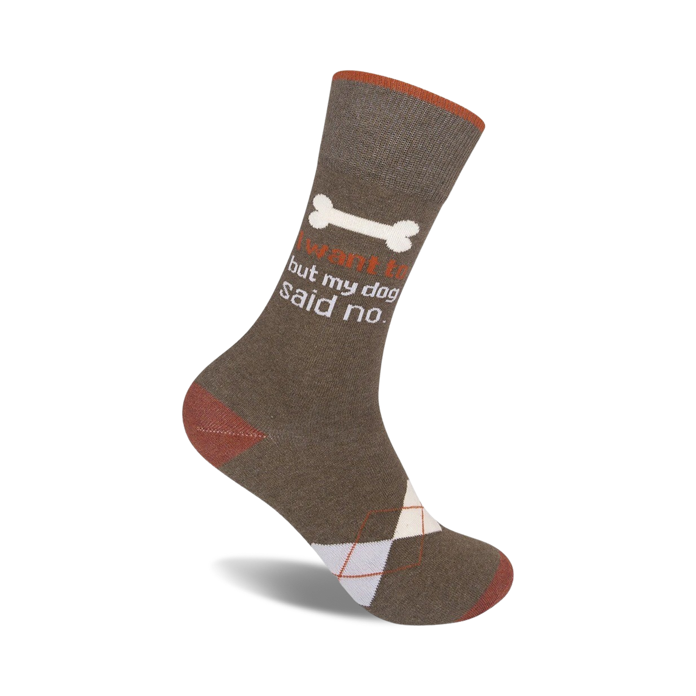 Brown crew socks with rust accents and a white argyle pattern.  Features a white bone graphic and the text 'I want to, but my dog said no'.