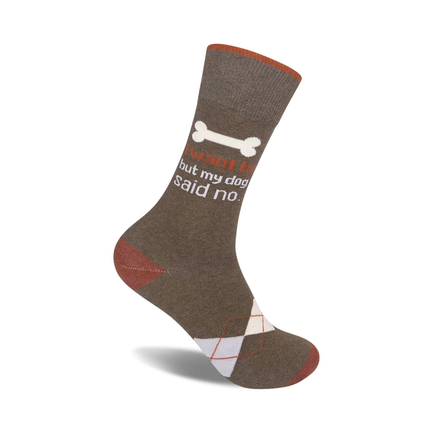 Brown crew socks with rust accents and a white argyle pattern.  Features a white bone graphic and the text 'I want to, but my dog said no'.