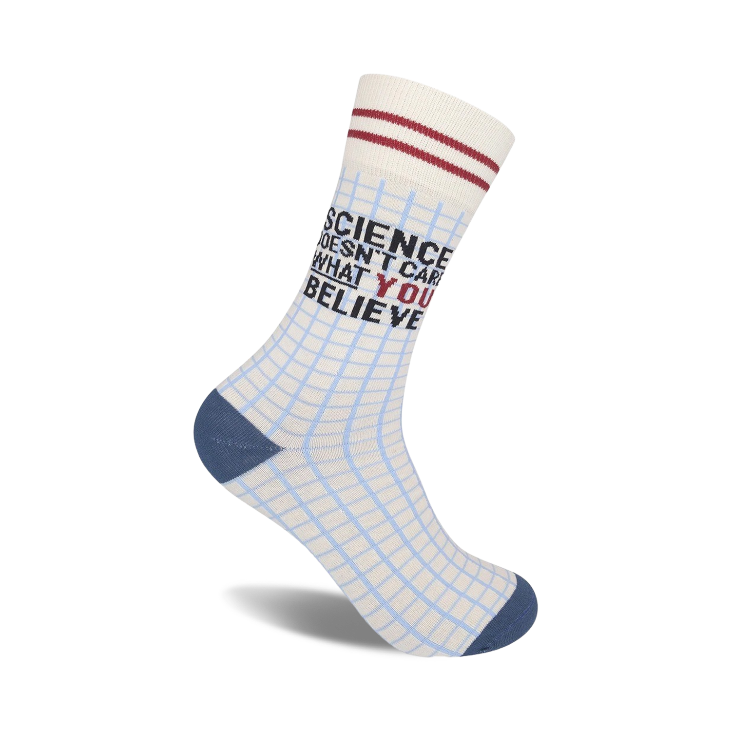 Crew socks in off-white with a light blue grid pattern.  Red and black text reads 'Science Doesn't Care What You Believe'.  Navy blue heel and toe.
