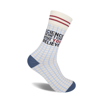  white crew socks with blue grid pattern and "science doesn't care what you believe" in black. for men and women.  