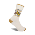 Cream-colored crew socks with a gold-and-brown lion cartoon and the text 'That's a terrible idea, what time?'