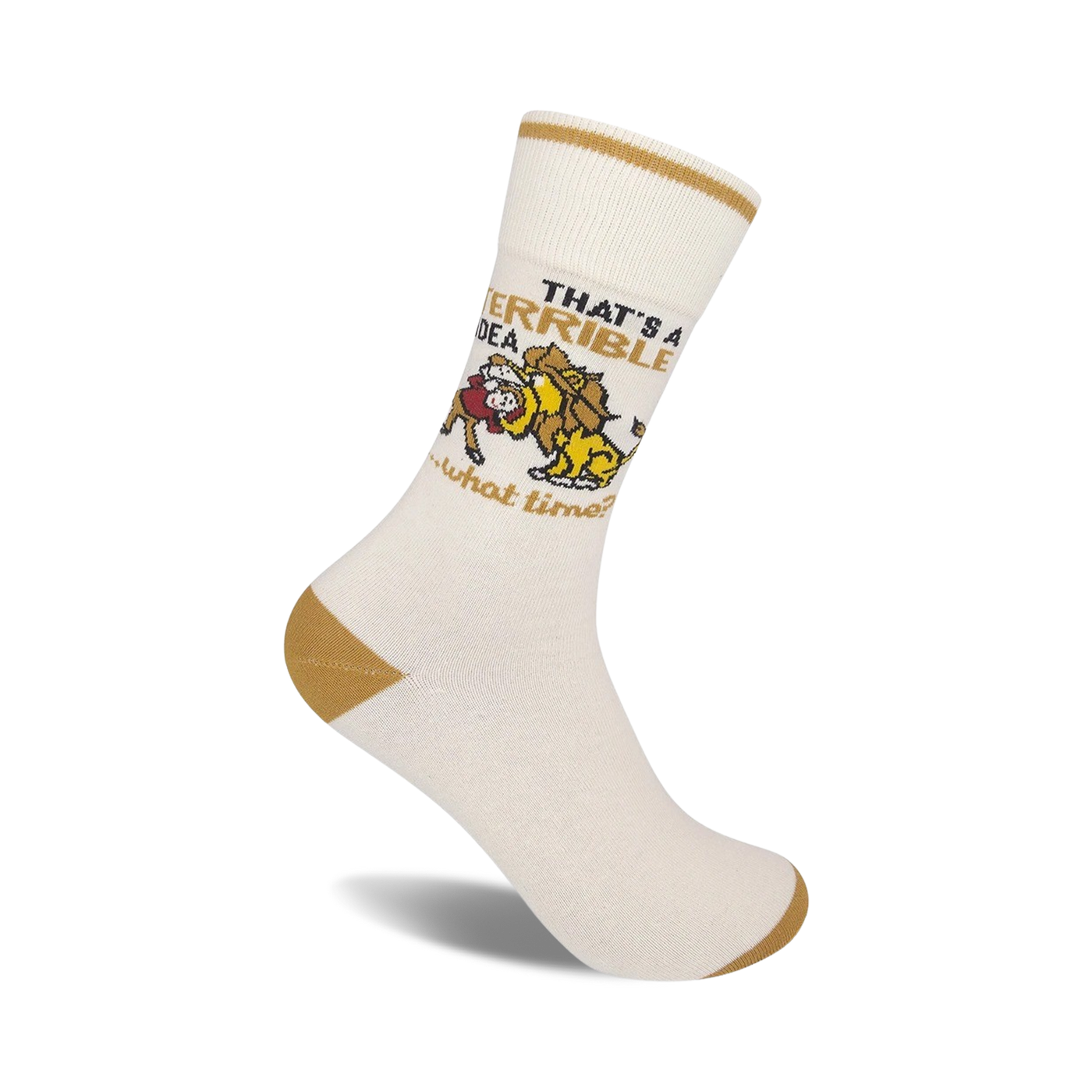 Cream-colored crew socks with a gold-and-brown lion cartoon and the text 'That's a terrible idea, what time?'