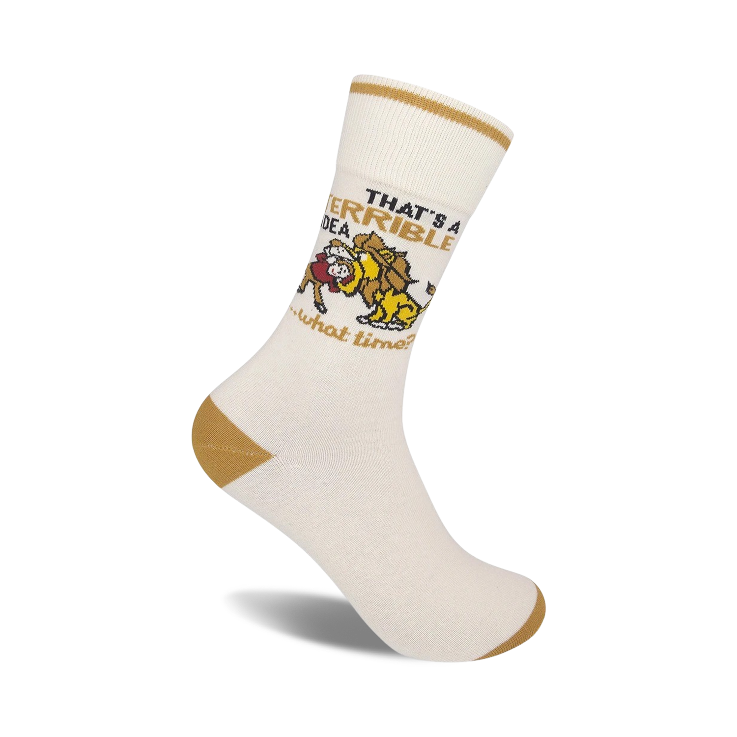 Cream-colored crew socks with a gold-and-brown lion cartoon and the text 'That's a terrible idea, what time?'