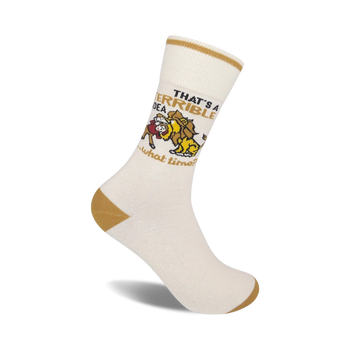 cartoon drawing lion biting man crew socks in brown toe, heel, and top.  