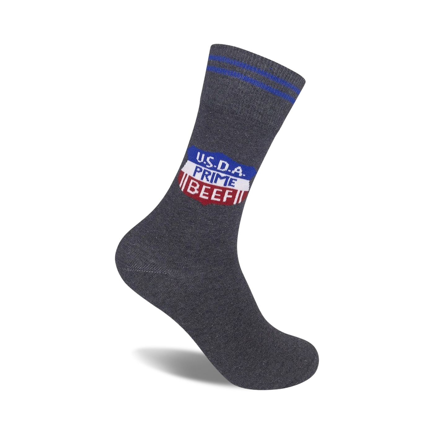 A dark gray crew sock with blue and red stripes at the top and a 'USDA Prime Beef' logo in red, white, and blue.