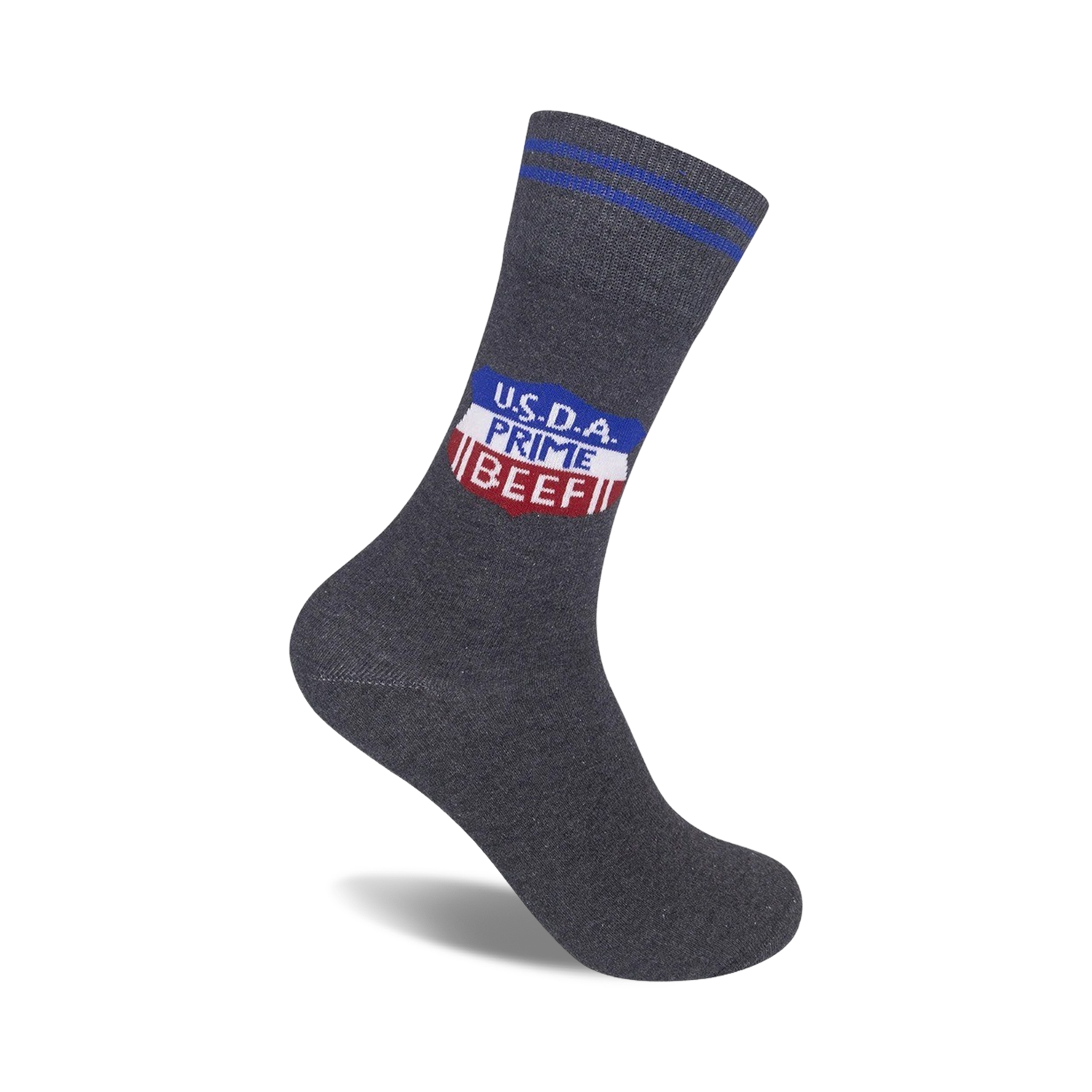 A dark gray crew sock with blue and red stripes at the top and a 'USDA Prime Beef' logo in red, white, and blue.