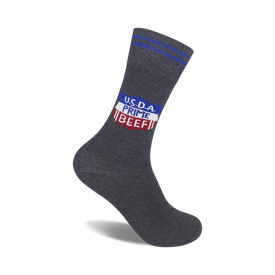 gray and red striped crew socks with "usda prime beef" written in red, white, and blue.   