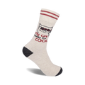 Beige crew socks with red stripes at the top.  A cartoon cat wearing sunglasses and the text 'My cat thinks I'm cool' are featured on the sock.