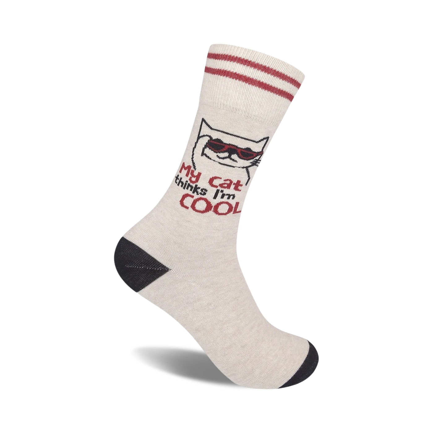 Beige crew socks with red stripes at the top.  A cartoon cat wearing sunglasses and the text 'My cat thinks I'm cool' are featured on the sock.