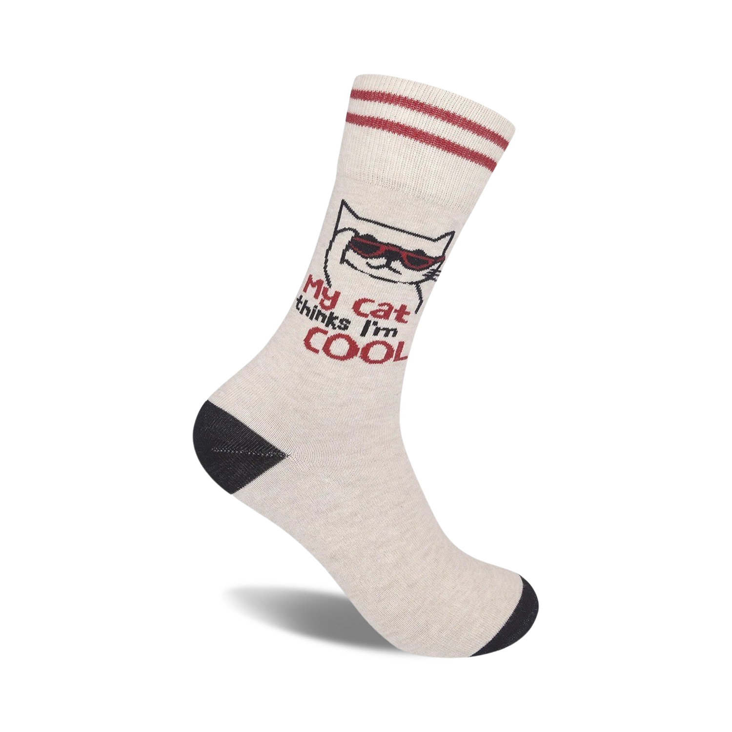 Beige crew socks with red stripes at the top.  A cartoon cat wearing sunglasses and the text 'My cat thinks I'm cool' are featured on the sock.