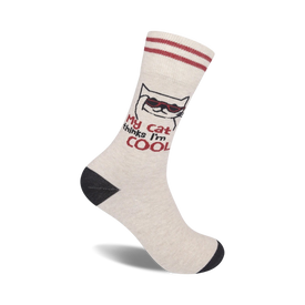 black and white crew socks with a red stripe and cat graphic featuring sunglasses and the phrase "my cat thinks i'm cool."  