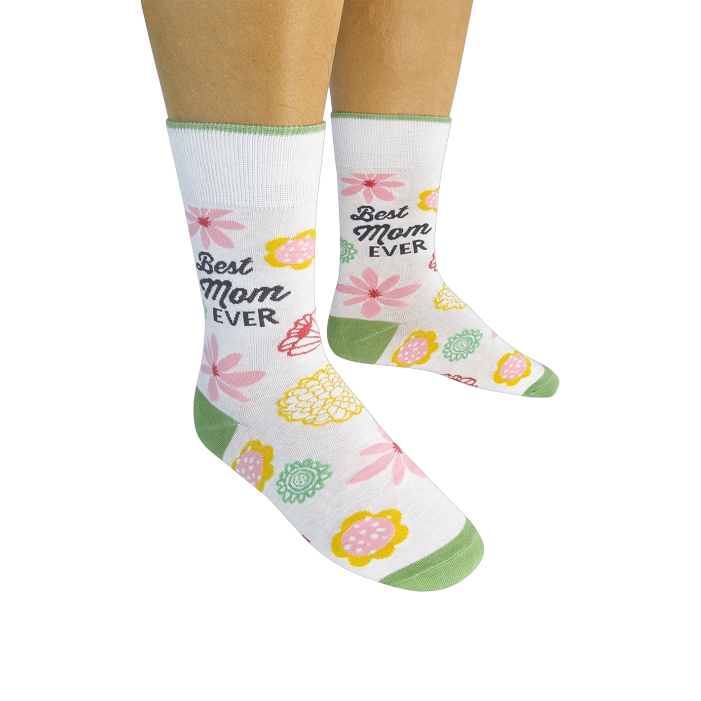 Lifestyle photo showing a person wearing a pair of 'Best Mom Ever' socks.