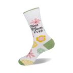 Flatlay photo of 'Best Mom Ever' socks on a neutral background.