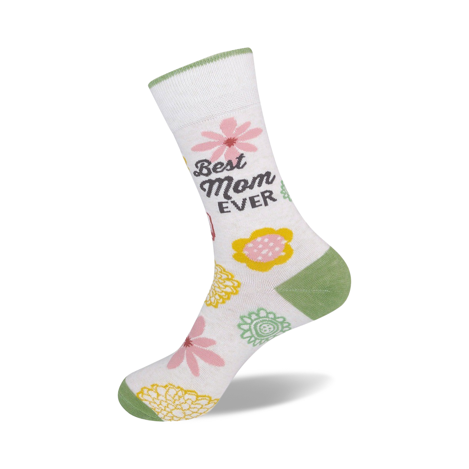 Flatlay photo of 'Best Mom Ever' socks on a neutral background.