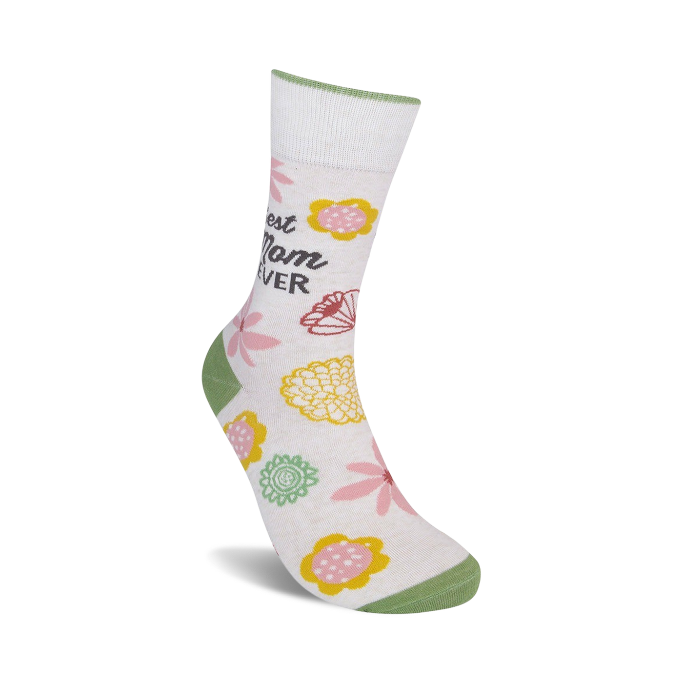 Close-up detail shot of the 'Best Mom Ever' sock design.