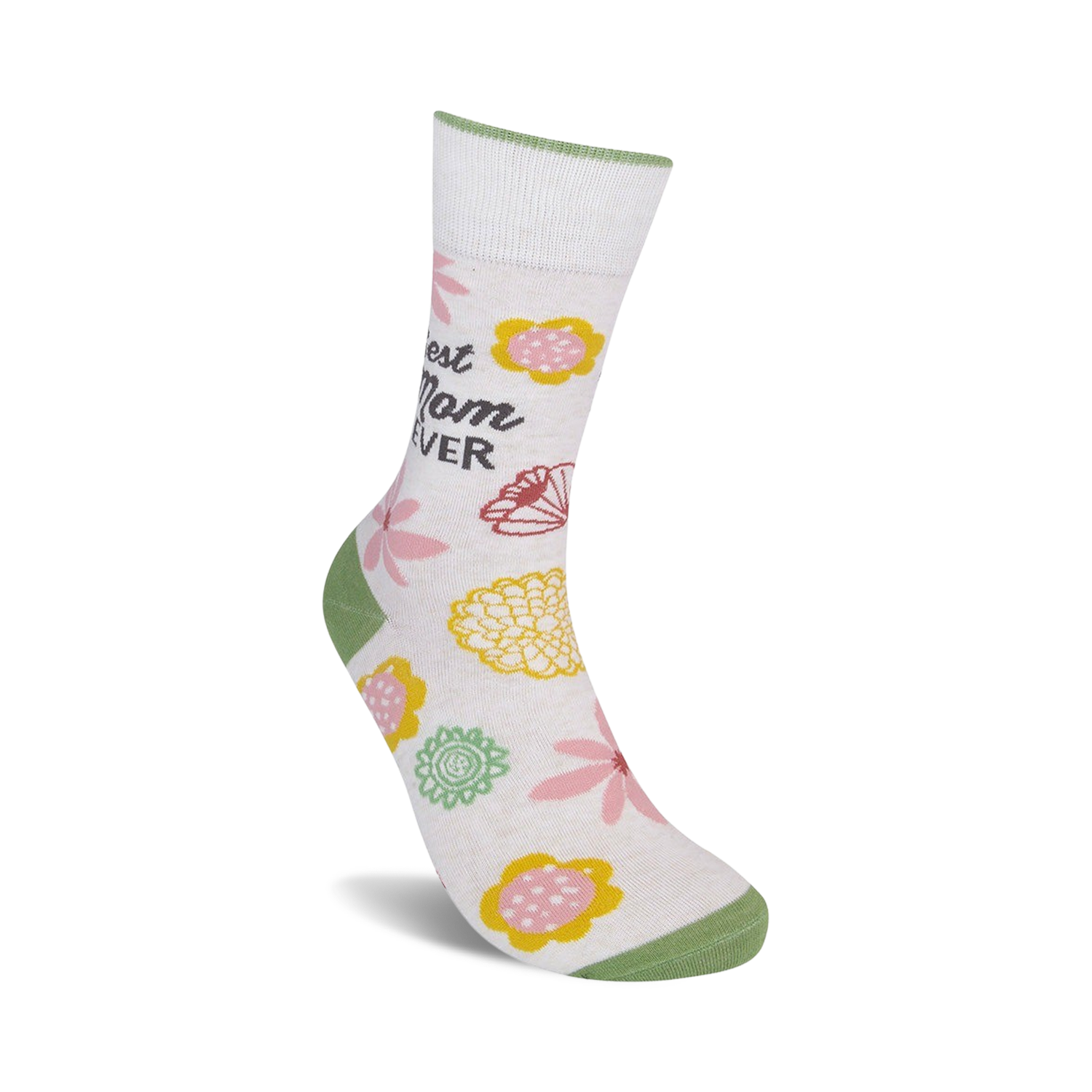 Close-up detail shot of the 'Best Mom Ever' sock design.