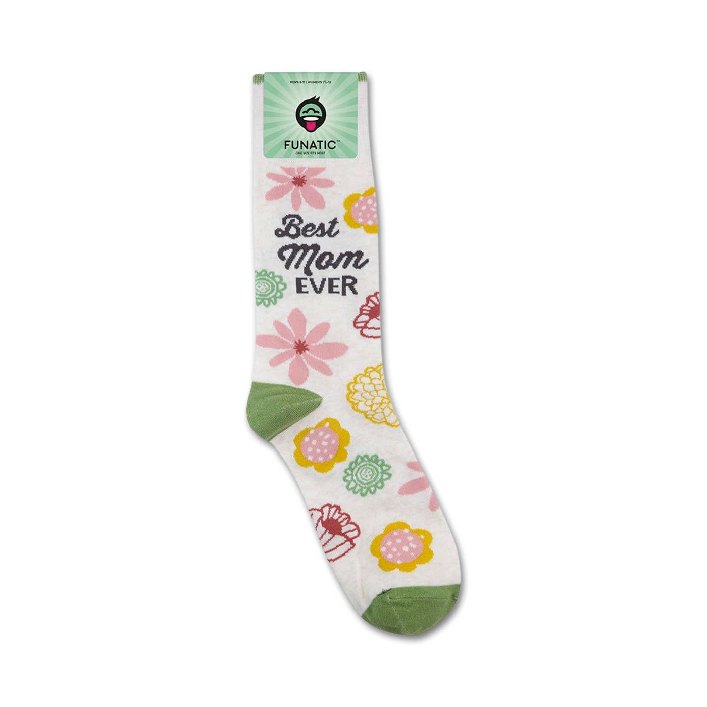 Product packaging shot showing a single 'Best Mom Ever' sock.