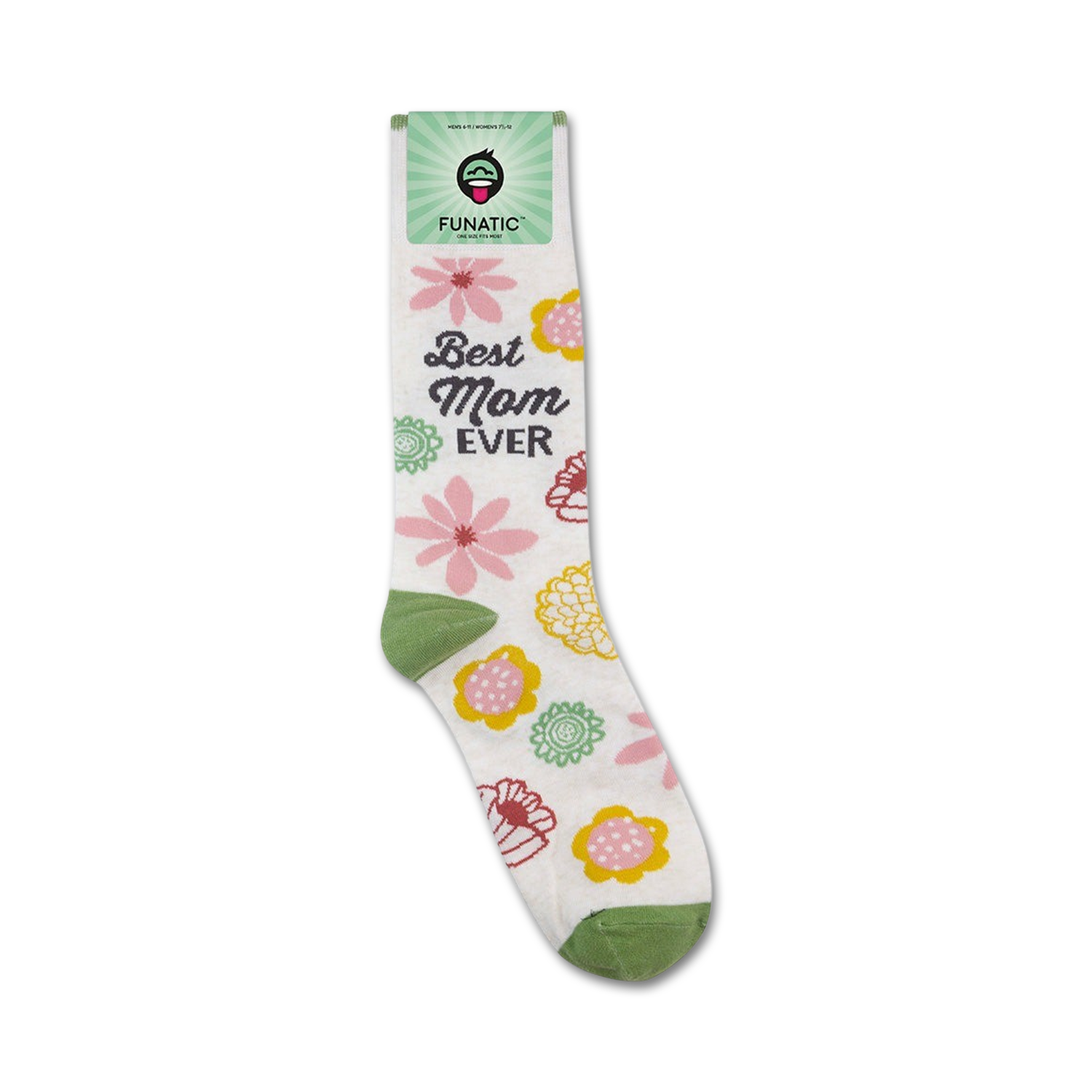 Product packaging shot showing a single 'Best Mom Ever' sock.