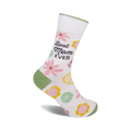 Cream crew socks with green cuffs, pink and yellow flowers, and 'Best Mom Ever' text.