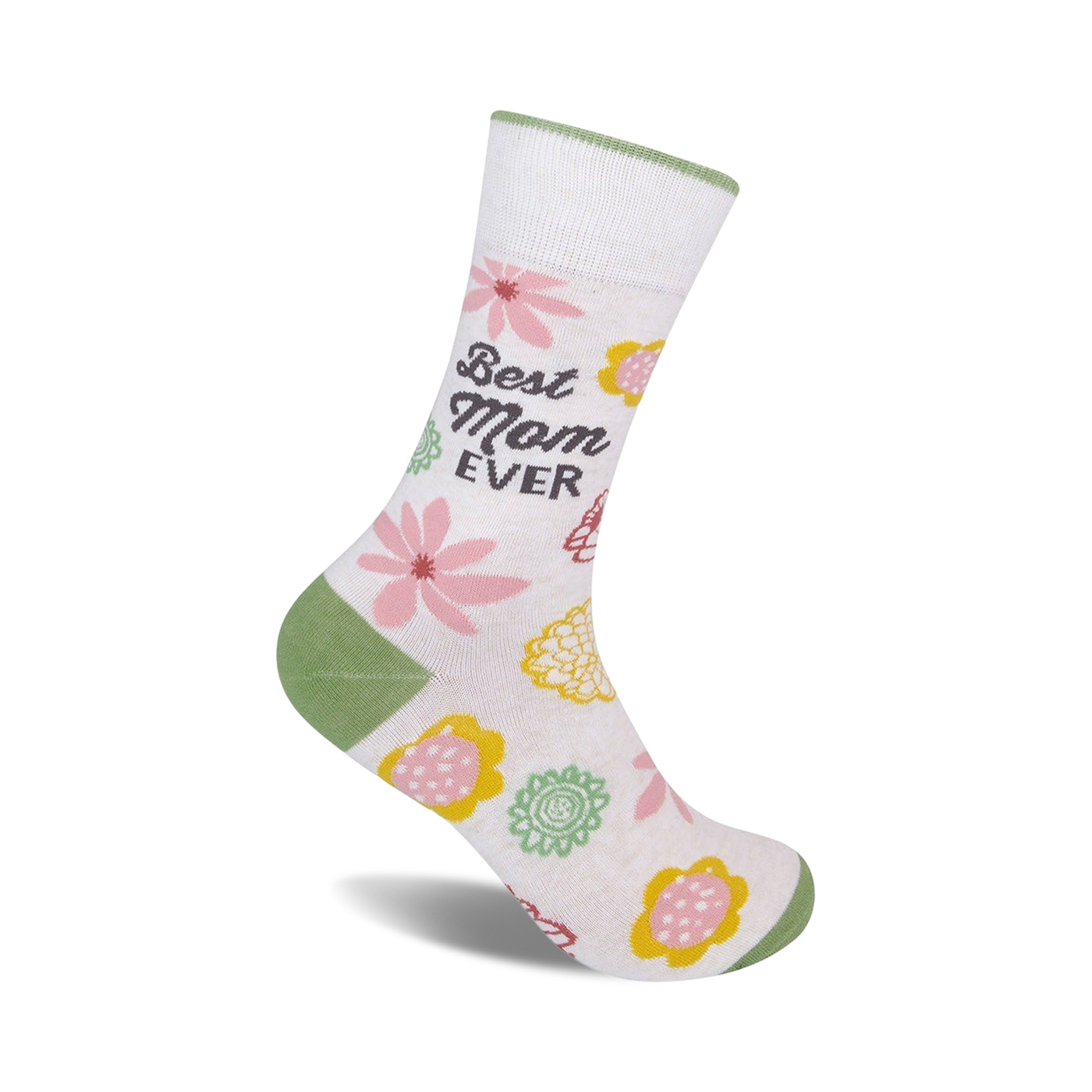 Cream crew socks with green cuffs, pink and yellow flowers, and 'Best Mom Ever' text.