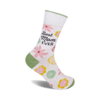 Cream crew socks with green cuffs, pink and yellow flowers, and 'Best Mom Ever' text.