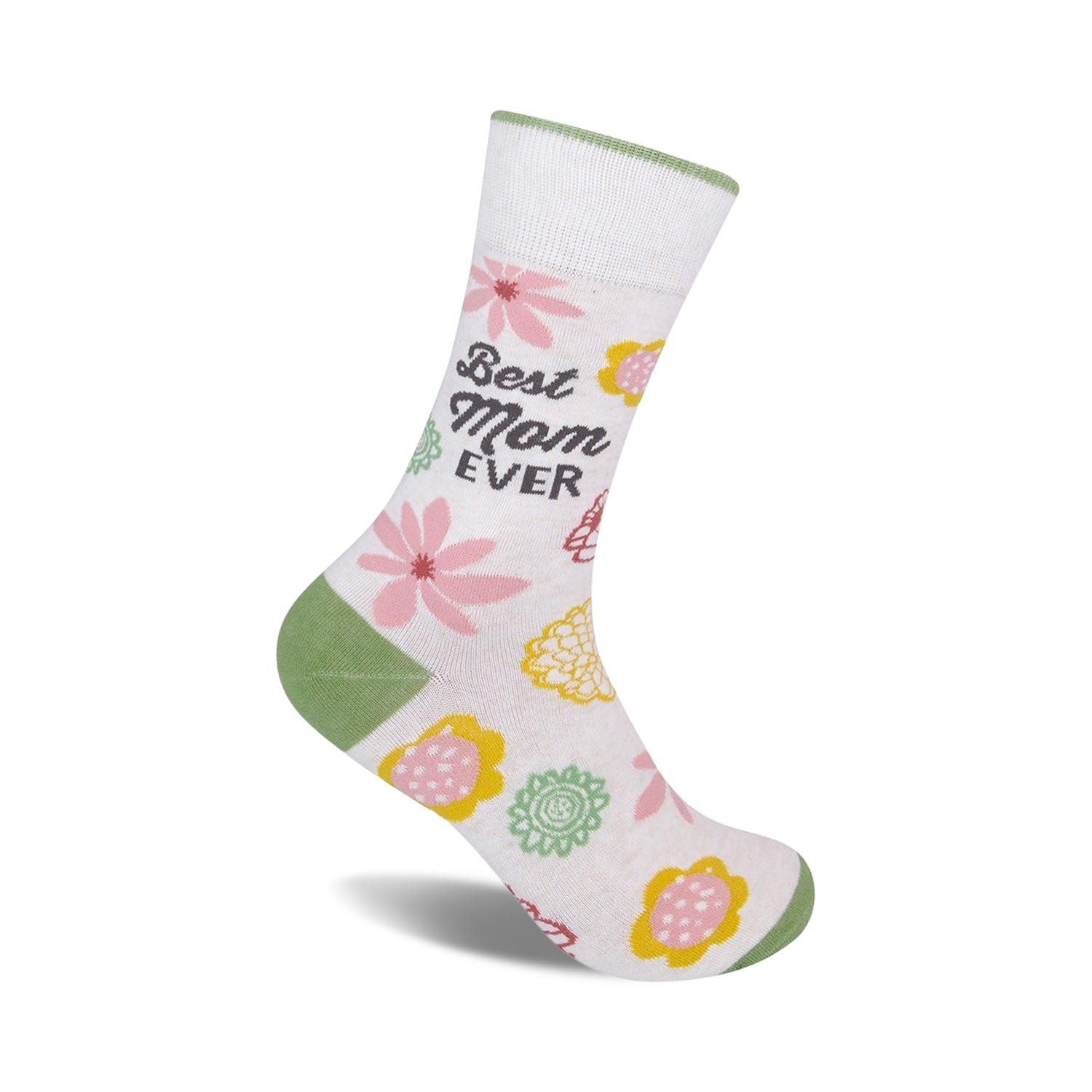 Cream crew socks with green cuffs, pink and yellow flowers, and 'Best Mom Ever' text.