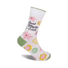 white crew socks with green cuff and 'best mom ever' in brown and pink text. mother's day theme with flowers, hearts, stars, and butterflies.    