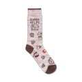 Cream-colored crew socks with brown coffee-themed illustrations and the text 'Coffee Helps But I'm Still A Bitch'.