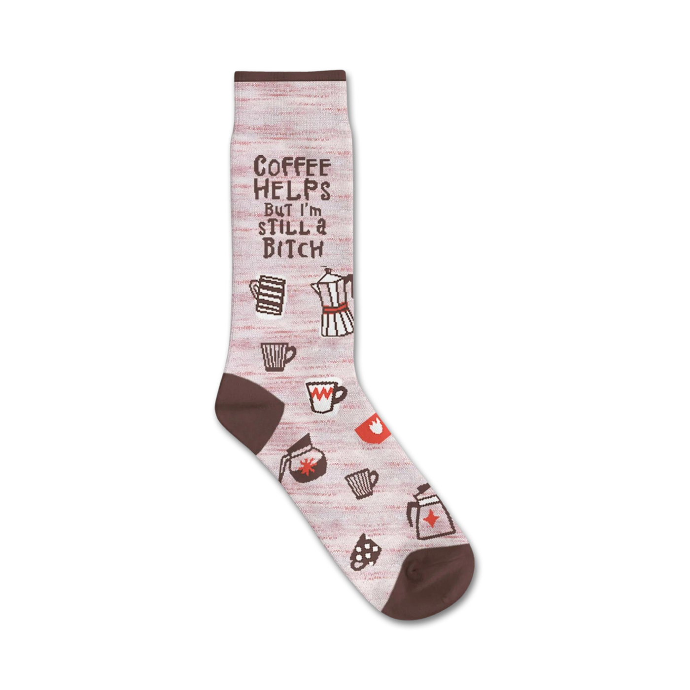 Cream-colored crew socks with brown coffee-themed illustrations and the text 'Coffee Helps But I'm Still A Bitch'.