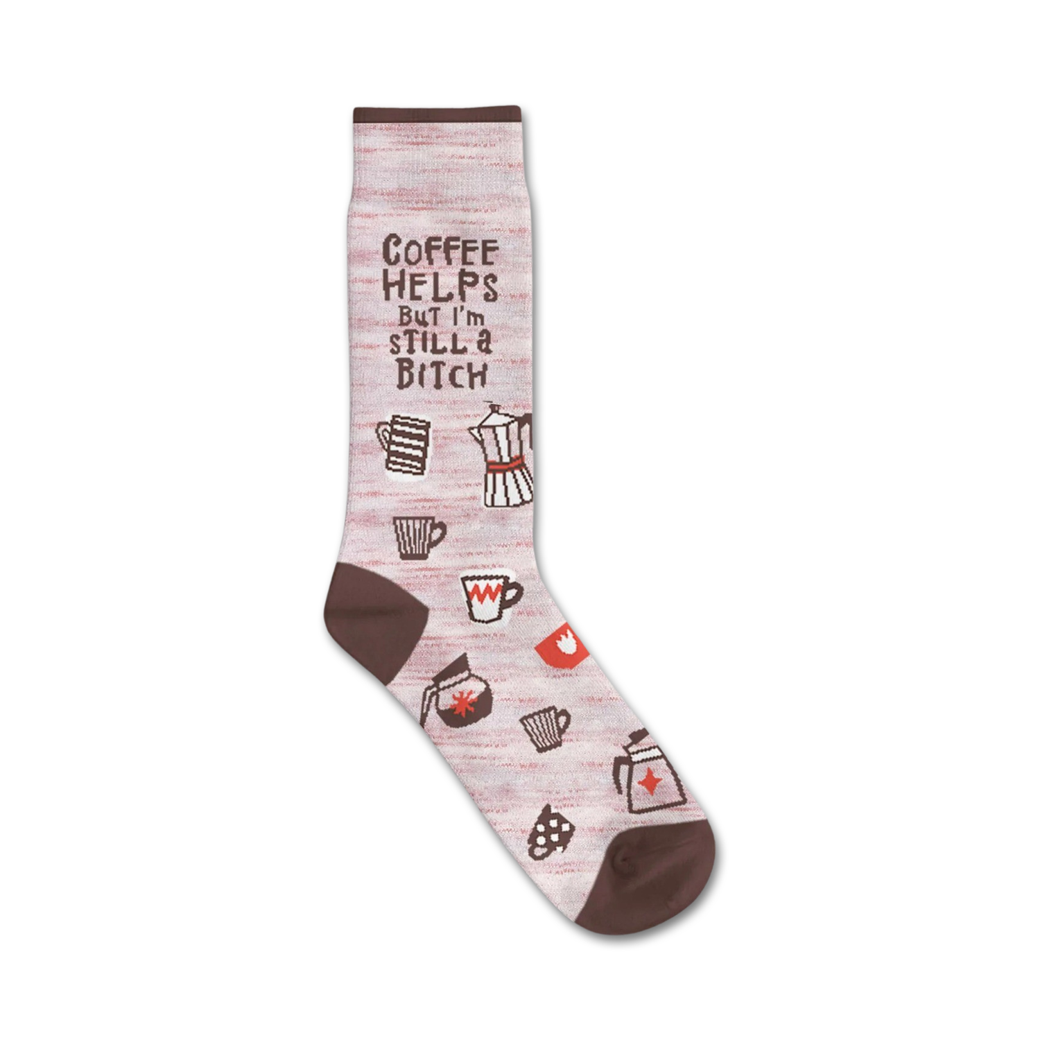 Cream-colored crew socks with brown coffee-themed illustrations and the text 'Coffee Helps But I'm Still A Bitch'.