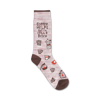 light brown crew socks with coffee cups, pots, and french presses pattern. text "coffee helps, but i'm still a bitch" in light brown.   