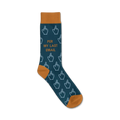 Crew socks in teal with mustard yellow cuffs.  The socks are covered in a repeating pattern of pixelated middle fingers and the phrase 'Per My Last Email'.