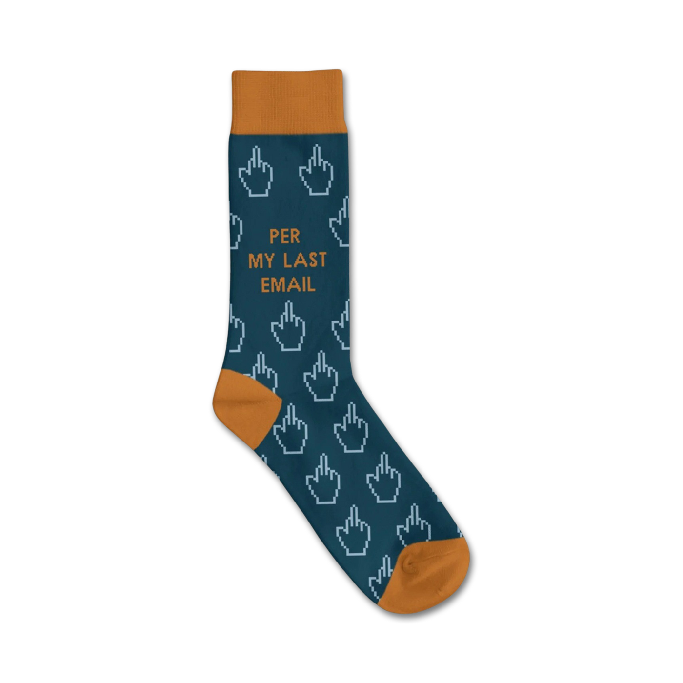 Crew socks in teal with mustard yellow cuffs.  The socks are covered in a repeating pattern of pixelated middle fingers and the phrase 'Per My Last Email'.