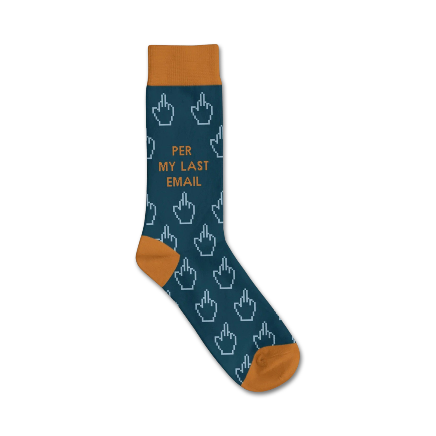 Crew socks in teal with mustard yellow cuffs.  The socks are covered in a repeating pattern of pixelated middle fingers and the phrase 'Per My Last Email'.