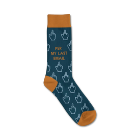 dark blue crew socks with middle finger pattern and "per my last email" text.  
