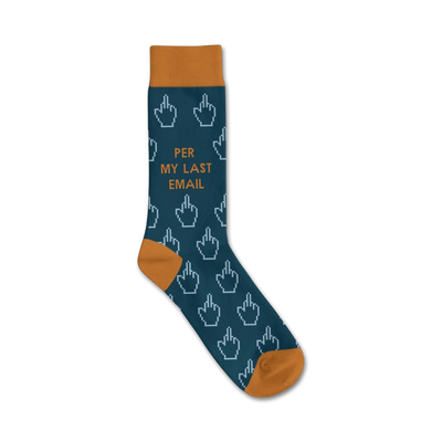 dark blue crew socks with middle finger pattern and "per my last email" text.  