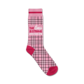 Pink and black plaid crew socks with the text 'The Sass Is Strong With This One' in a pink and white font.