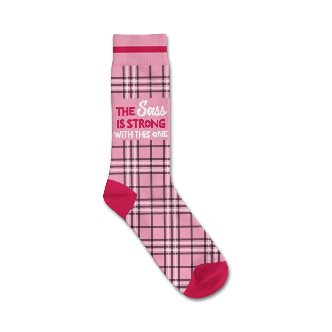 Pink and black plaid crew socks with the text 'The Sass Is Strong With This One' in a pink and white font.