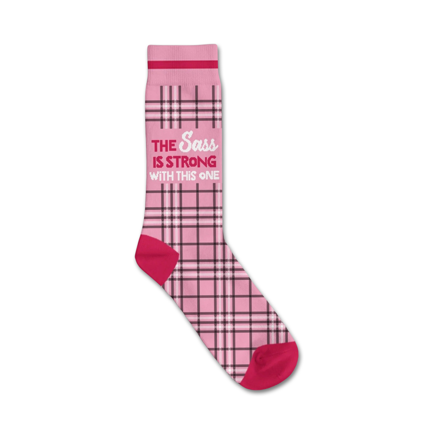 Pink and black plaid crew socks with the text 'The Sass Is Strong With This One' in a pink and white font.