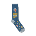 Crew socks in blue with a light-blue cuff. The socks feature a beer glass graphic, the text 'Beer Makes Me Hoppy', and various beer-related icons.