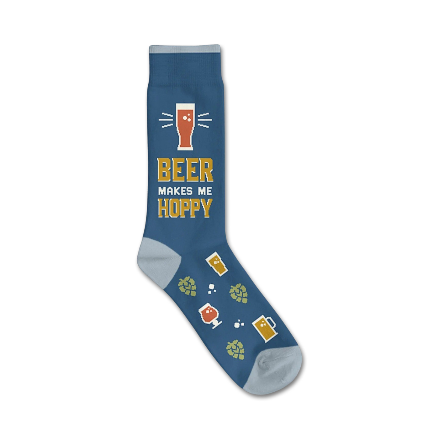 Crew socks in blue with a light-blue cuff. The socks feature a beer glass graphic, the text 'Beer Makes Me Hoppy', and various beer-related icons.