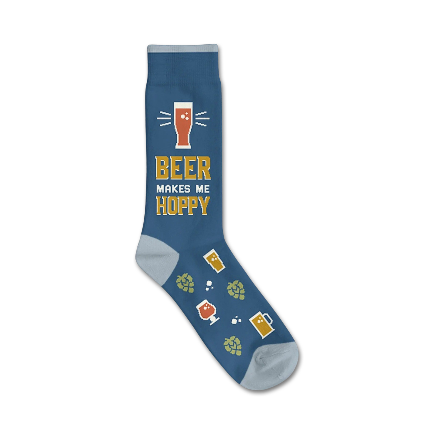 Crew socks in blue with a light-blue cuff. The socks feature a beer glass graphic, the text 'Beer Makes Me Hoppy', and various beer-related icons.