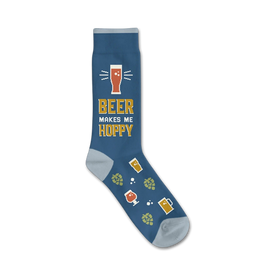 blue crew socks with yellow "beer makes me hoppy" text & pixelated beer glasses and hop cones   