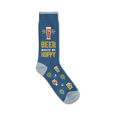 blue crew socks with yellow "beer makes me hoppy" text & pixelated beer glasses and hop cones   