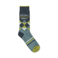 Crew socks in teal, grey, and yellow.  A diamond pattern adorns the sock, with the text 'How May I Offend You Today?' at the top.