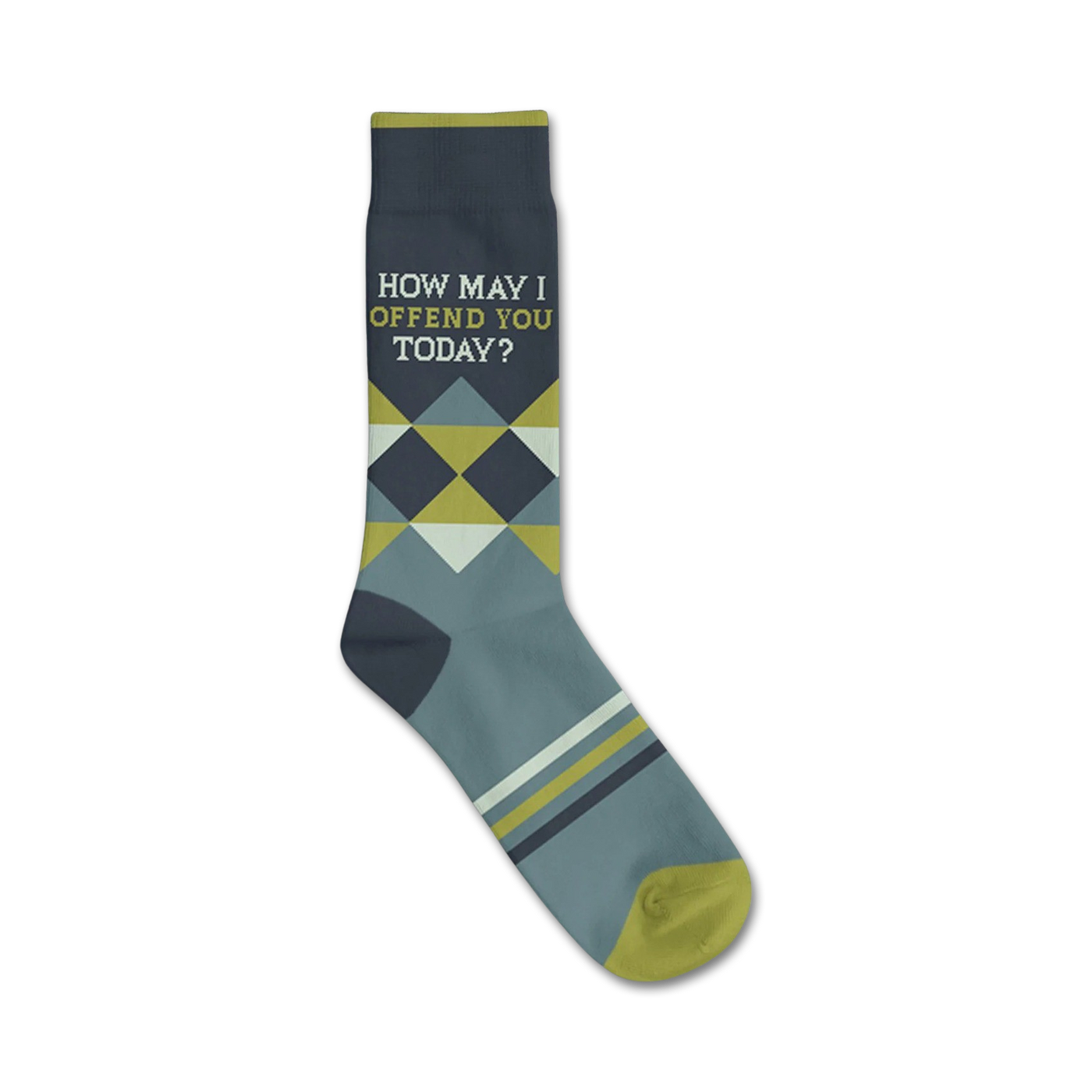 Crew socks in teal, grey, and yellow.  A diamond pattern adorns the sock, with the text 'How May I Offend You Today?' at the top.