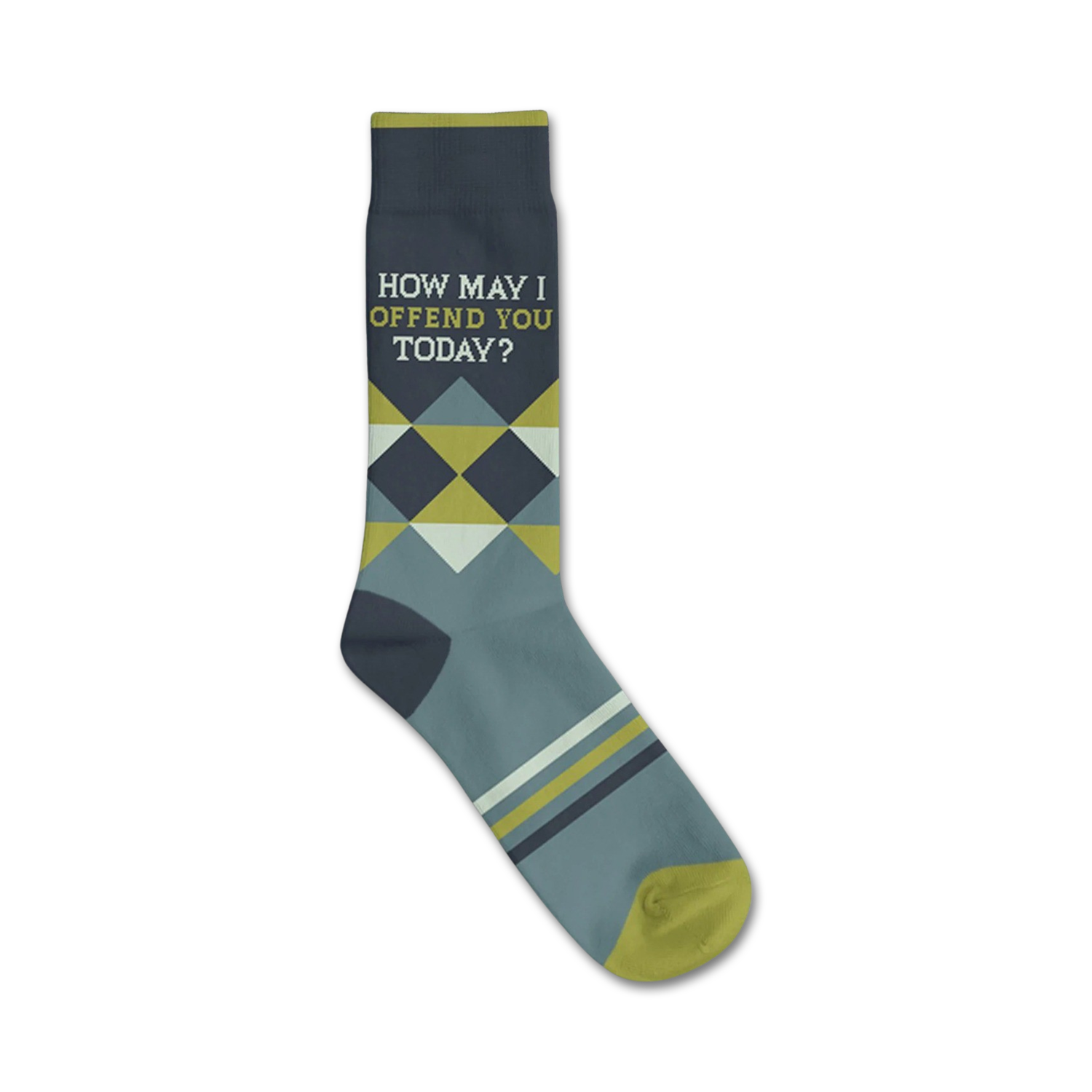 Crew socks in teal, grey, and yellow.  A diamond pattern adorns the sock, with the text 'How May I Offend You Today?' at the top.